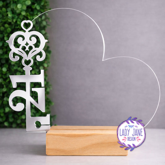 Acrylic Heart Stand with 21st Key and Wooden Base