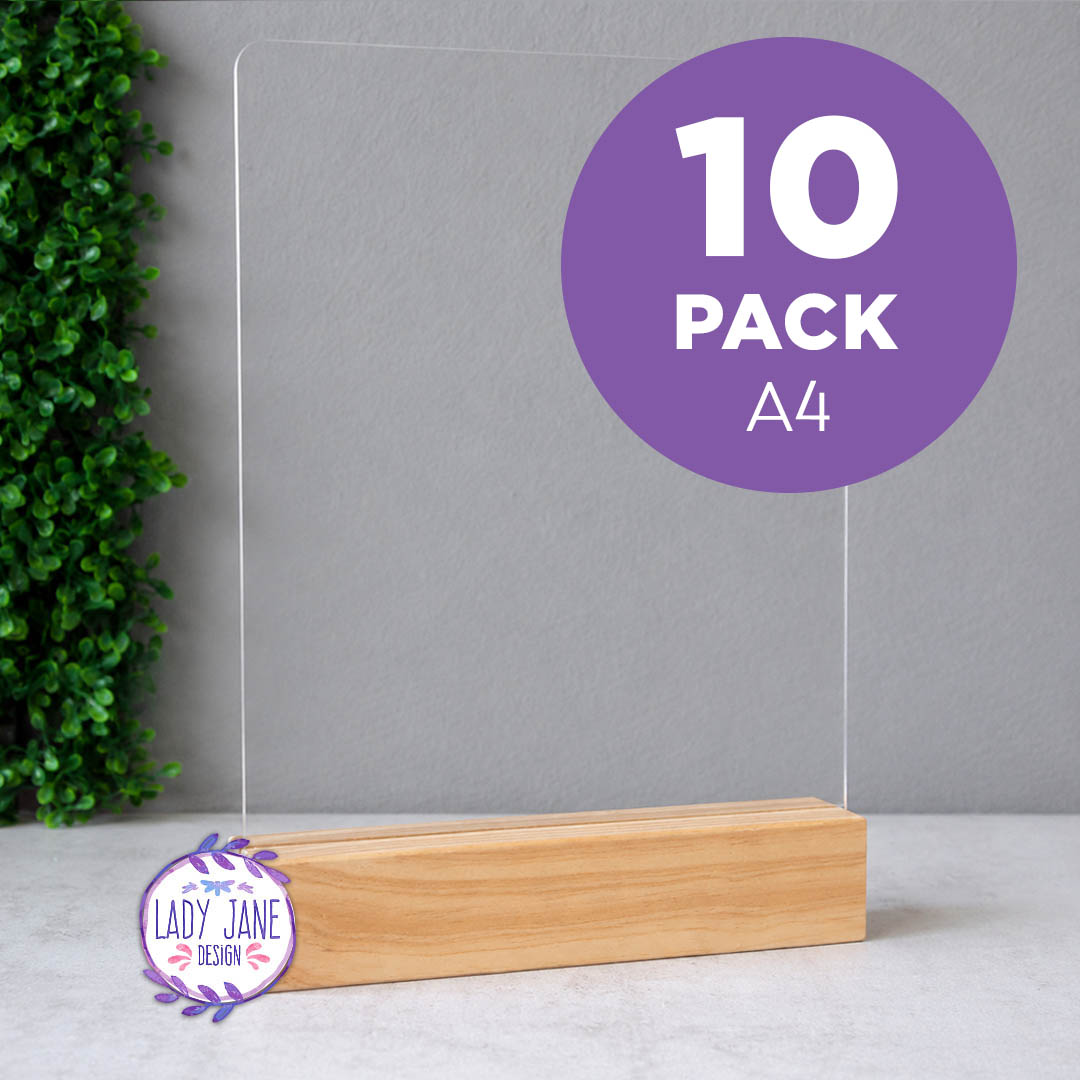 Acrylic Stand with Wooden Base - A4 - BULK 10 Pack